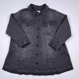 LOGO Womens 22W Charcoal Gray Denim Trucker Jacket Longline Raw Hem